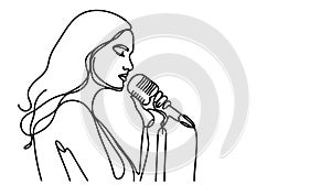 Woman sing a song continuous one line drawing of singer music person. Singer in continuous line art drawing style.