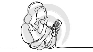 Woman sing a song continuous one line drawing of singer music person. Singer in continuous line art drawing style.