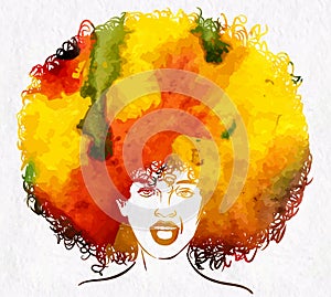 Woman singer with afro hairstyle. Watercolor vector