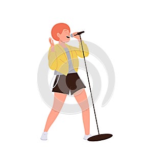 Woman singer rock band soloist cartoon character performing singing in microphone isolated on white photo