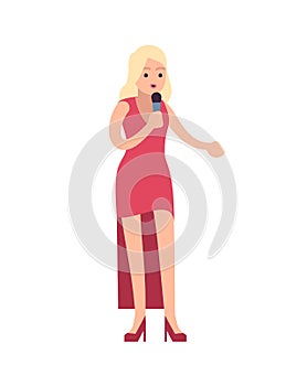 Woman singer. Vocalists musical performance, girl stands in red dress with microphone and sings song, karaoke or pop