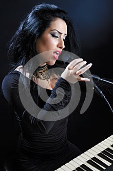 Woman Singing With Microphone and Keyboards