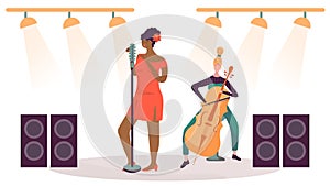 Woman singing on stage, musician playing cello, vector illustration