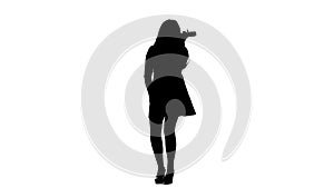 Woman sings incendiary songs into the microphone. White background. Silhouette