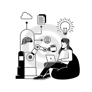 woman sit from bean bag working with robotic artificial intelligence help to get idea inspiration creativity black illustration