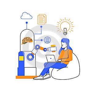 woman sit from bean bag working with robotic artificial intelligence help to get idea inspiration creativity duo tone illustration