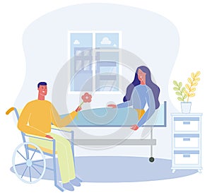 Woman Sit on Bed Hospital Ward Man in Wheelchai