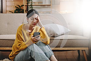 woman sit Depression Dark haired pensive glance Standing by window and anxiety Copy space. at home