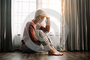 woman sit Depression Dark haired pensive glance Standing by window and anxiety Copy space