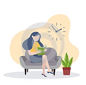 Woman sit reading book on the sofa concept