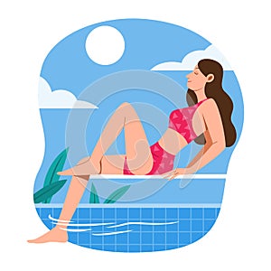 Woman Sit on the Springboard at Swimming Pool Side to Relaxing Outdoor.