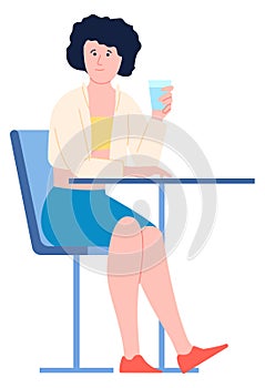 Woman sit at table and drink water. Healthy refreshment