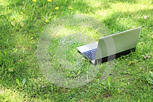 Woman sit to use silver laptop at parks in the city with gold light