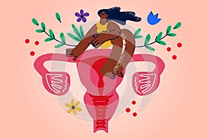 Woman sit on uterus with flowers