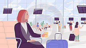 Woman sits in airport waiting area. Business, travel