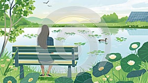 A woman sits on a bench overlooking a peaceful pond watching as ducks glide gracefully across the solargenerated water