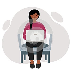 A woman sits in a chair with a laptop. Vector