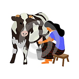 A woman sits on a chair and milks a black and white cow on a white background. Cute flat isolated vector