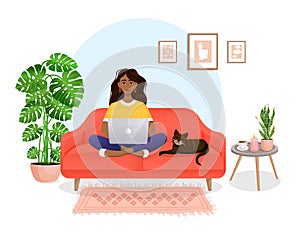 Woman sits on the couch in a room with a laptop computer with her cat. Flat vector illustration of freelance, work at