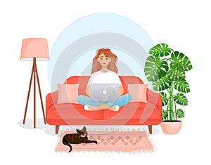 Woman sits on the couch in a room with a laptop computer with her cat. Flat vector illustration of freelance, work at