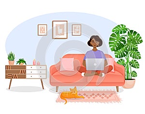 Woman sits on the couch in a room with a laptop computer with her cat. Flat vector illustration of freelance, work at