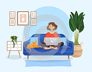 Woman sits on the couch in a room with a laptop computer with her cat. Flat vector illustration of freelance, work at