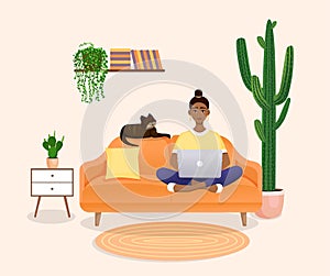 Woman sits on the couch in a room with a laptop computer with her cat. Flat vector illustration of freelance, work at