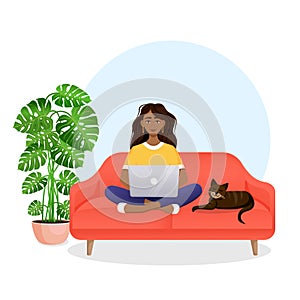 Woman sits on the couch in a room with a laptop computer with her cat. Flat vector illustration of freelance, work at