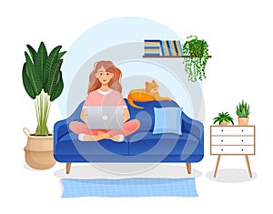 Woman sits on the couch in a room with a laptop computer with her cat. Flat vector illustration of freelance, work at