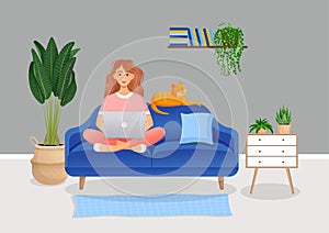 Woman sits on the couch in a room with a laptop computer with her cat. Flat vector illustration of freelance, work at