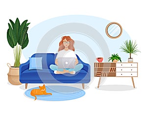 Woman sits on the couch in a room with a laptop computer with her cat. Flat vector illustration of freelance, work at