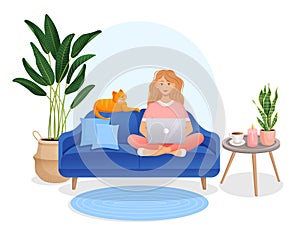 Woman sits on the couch in a room with a laptop computer with her cat. Flat vector illustration of freelance, work at