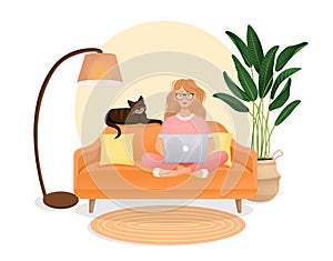 Woman sits on the couch in a room with a laptop computer with her cat. Flat vector illustration of freelance, work at