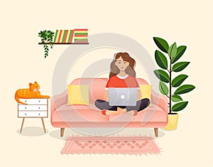 Woman sits on the couch in a room with a laptop computer with her cat. Flat vector illustration of freelance, work at