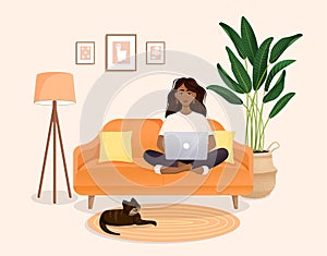 Woman sits on the couch in a room with a laptop computer with her cat. Flat vector illustration of freelance, work at