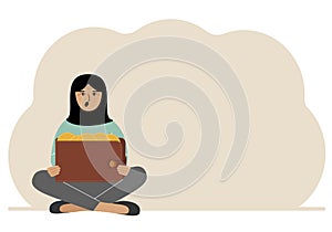 A woman sits cross-legged and holds a large purse of coins. The concept of a savings wallet, a successful loan, golden