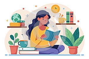 A woman sits on the floor reading a book, absorbed in the pages, woman reading a book at home, Simple and minimalist flat Vector photo