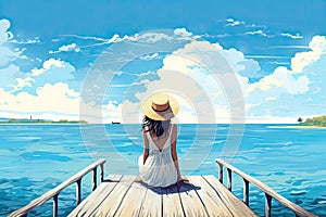 woman sits on jetty at peaceful sea in summer AI generated