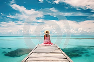 woman sits on jetty at peaceful sea with turquoise water