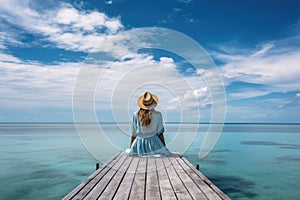 woman sits on jetty at peaceful sea with turquoise water