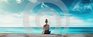 woman sits on jetty at peaceful sea with turquoise water AI generated