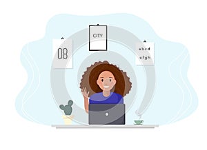 Woman sits at a laptop and studies online. Woman greets a teacher by online communication. Flat design concept of online
