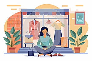 A woman sits outside a clothing store, looking at passersby and potential customers, Woman sitting in front of her fashion shop,