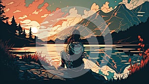 a woman sits on a rock in front of a lake and looks at the sunset. manga style, generative ai