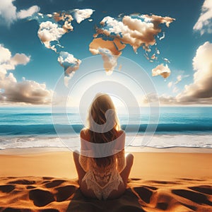 Woman sits on sandy beach looking at clouds in the shape of a world map