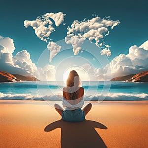 Woman sits on sandy beach looking at clouds in the shape of a world map