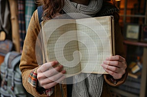 A woman sits sharing an open notebook, holding it with her fingers