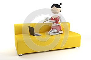Woman sits on the sofa, drinks coffee