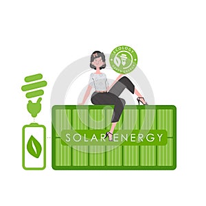 A woman sits on a solar panel and holds the ECO logo in her hands. The concept of green energy and ecology. Isolated on