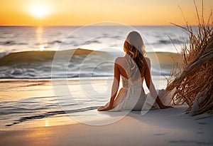 a woman sitting on the beach in a dress and looking out at the ocean